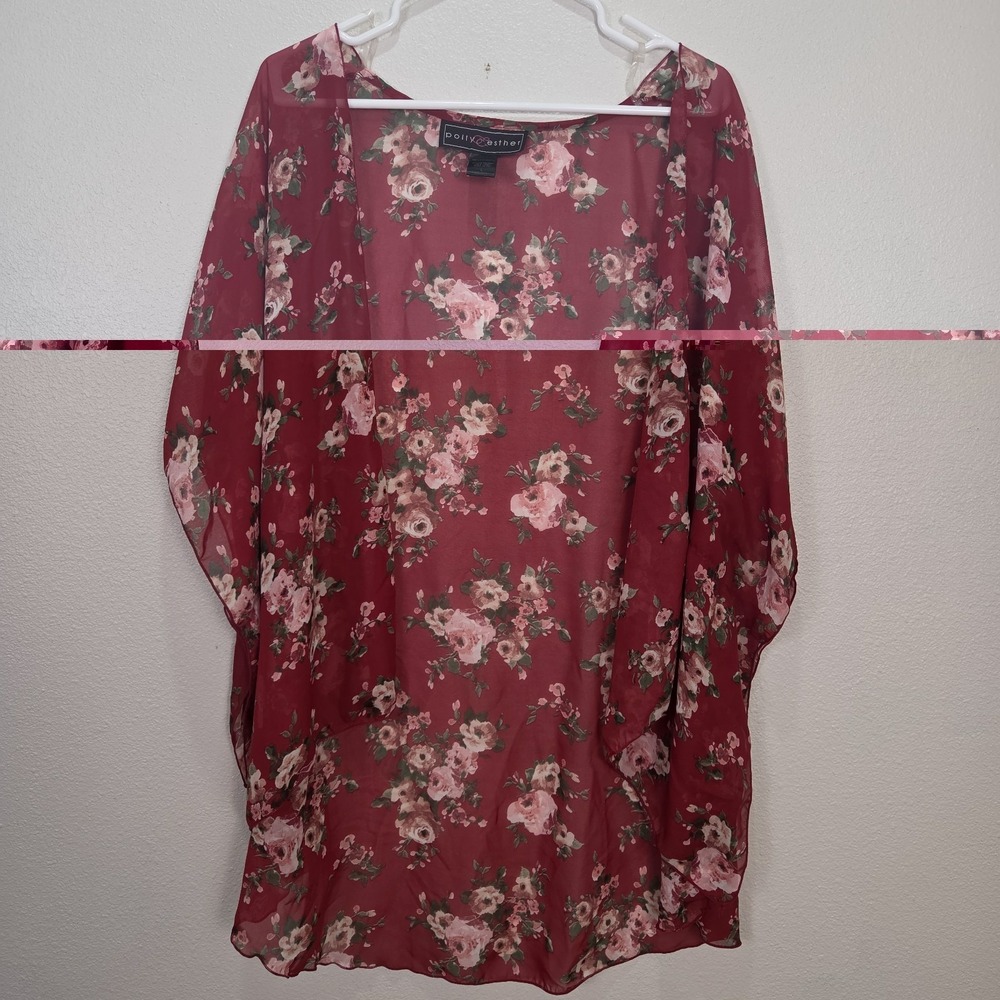 Polly & Esther Kimono Womens L Maroon Floral Sheer Lightweight Boho Cover Up